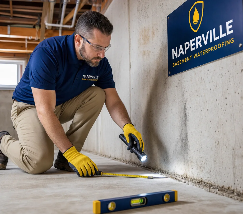 Technician inspecting a basement wall and floor joint for water entry points with measuring tools and a flashlight