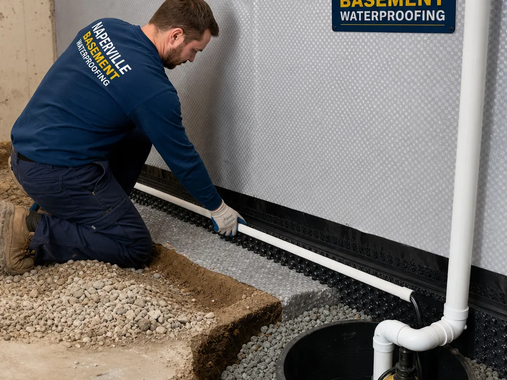 Interior perimeter drain and sump basin installation showing gravel trench, drain pipe, and vapor barrier detail