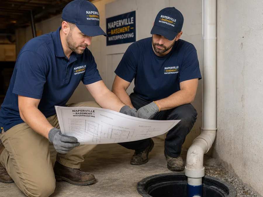 Two crew members reviewing a basement waterproofing plan and inspecting a sump basin location